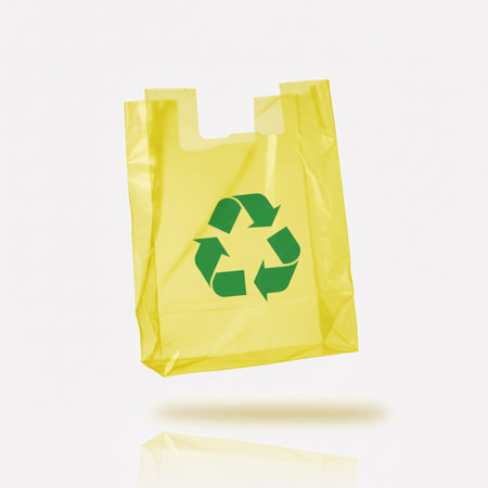 Plastic bag with recycle symbol on white background, 3d renderの素材