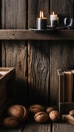 Walnuts in a wooden box and candles on a wooden background.の素材