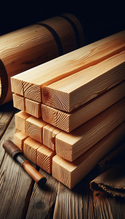 Wooden building materials on a wooden background. Selective focus.の素材