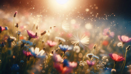 Beautiful flowers in the meadow at sunset. Nature background.の素材