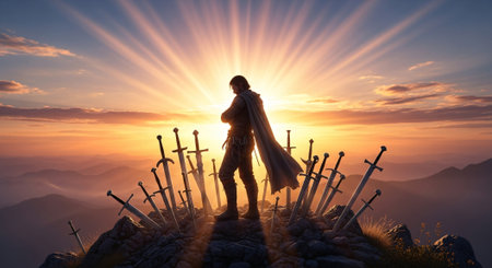 Mysterious warrior standing on top of a mountain and looking at the sunsetの素材