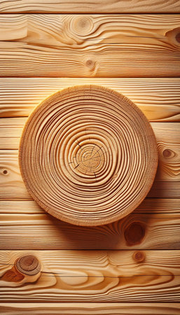 Wooden background with a circle of pine wood, top view.の素材