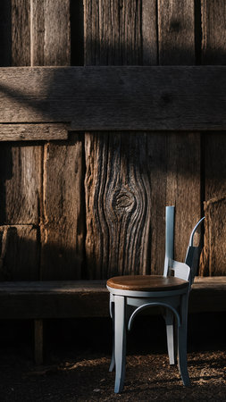 Wooden chair in front of a rustic wooden wall with copy spaceの素材