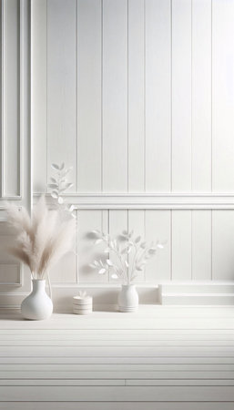 White wooden interior with vase and flowers. 3d render.の素材
