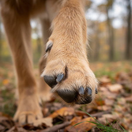 Close up of a dog's paw in the autumn forest. Close up of a dog's paw.の素材