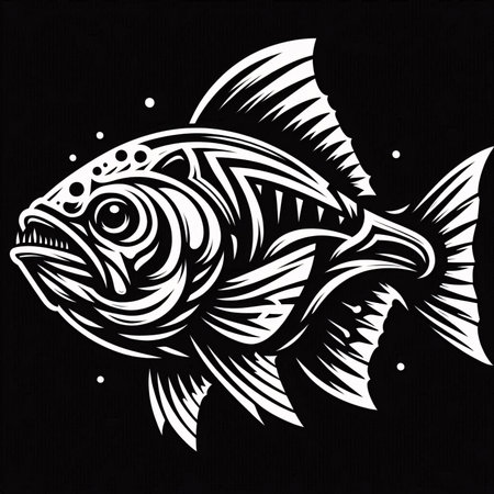 Black and white vector illustration of a piranha fish on black backgroundのイラスト素材