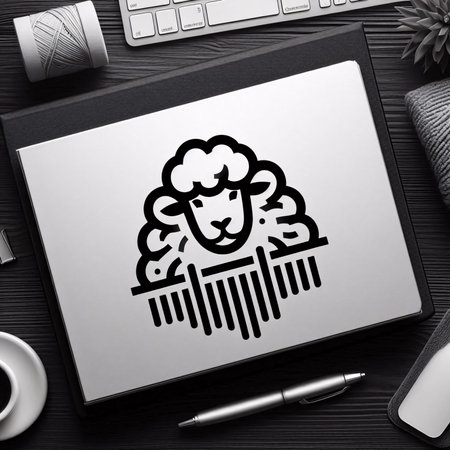 Sheep with barcode on tablet screen on wooden table, top viewの素材