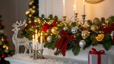 Christmas decoration with candles and gift boxes on mantelpiece in roomの素材