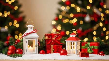 Christmas decoration with candle lantern, gift boxes and christmas tree on backgroundの素材