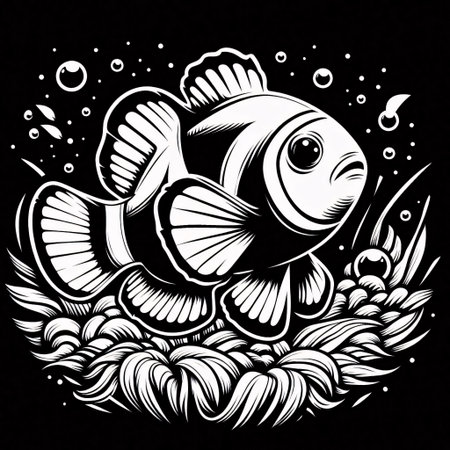 Fish in the sea. Black and white vector illustration. Tattoo design.のイラスト素材