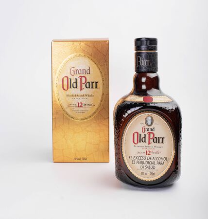 October 13, 2018 Medellin, Colombia old parr bottle on white backgroundのeditorial素材