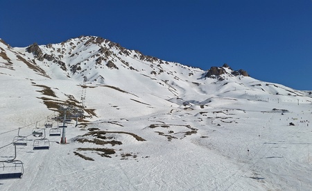 arrival in Andes Mountains, ski resort, beautiful winter landscape, Las Lenas, south america, Argentinaの写真素材