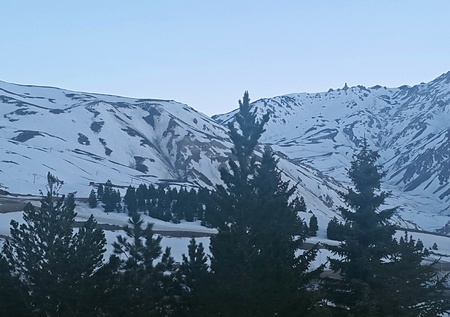 arrival in Andes Mountains, ski resort, beautiful winter landscape, Las Lenas, south america, Argentinaの写真素材
