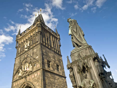 Tower and statue of the Charles Bridge of Prague, Czech Republicの写真素材