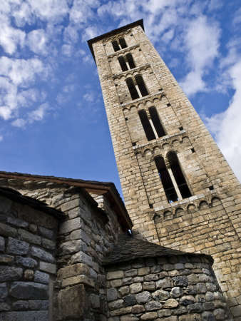 Romanesque church in the Spanish Pyrenees. View taken from below, with the bell tower tiltedの写真素材