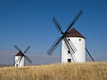 Typical windmills in the area of La Mancha, in Spain, which have become famous thanks to the book Don Quixote de la Mancha by Miguel de Cervantesの写真素材