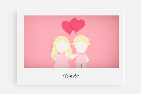 Cute couple in love hold pink balloon and pink background. Paper cut, Vector illustration. Card for valentine's day, birthday, anniversary, party invitations, Weddingのイラスト素材