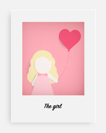 Cute girl hold pink balloon and pink background. Paper cut, Vector illustration. Card for valentine's day, birthday, anniversary, party invitations, weddingのイラスト素材