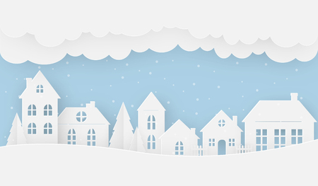 Views of the house in winter on a snowy day. Happy new year and Merry christmas, paper art, digital craft style, vector illustration.のイラスト素材