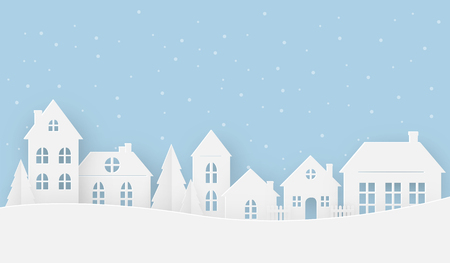 Views of the house in winter on a snowy day. Happy new year and Merry christmas, paper art, digital craft style, vector illustration.のイラスト素材