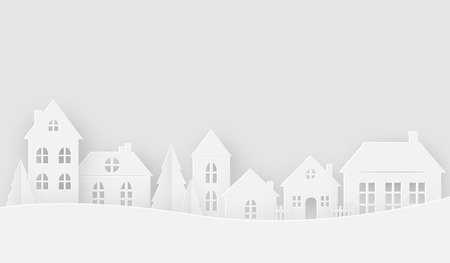 Views of the house in winter season. Happy new year and Merry christmas, paper art, digital craft style, vector illustration.のイラスト素材