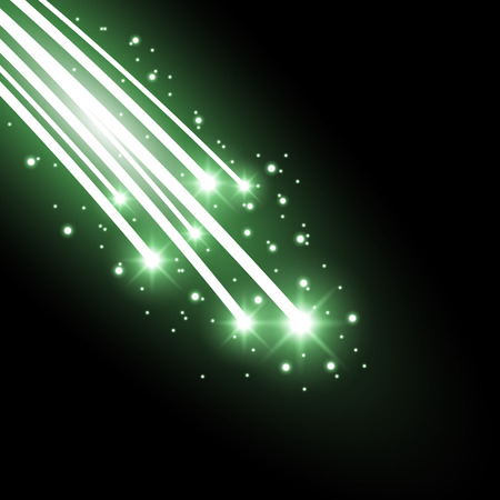 Glittering falling stars, glowing comet on black background, green colorのイラスト素材