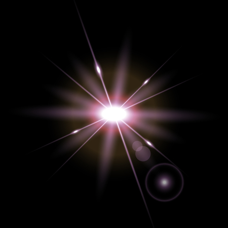 Vector light lens flare, rays of light with glare on black background, light effect, purple colorのイラスト素材