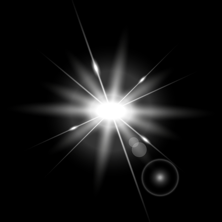 Vector light lens flare, rays of light with glare on black background, light effect, white colorのイラスト素材
