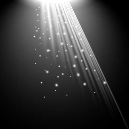 Rays of light with sparkles on black background, light effect, white colorのイラスト素材