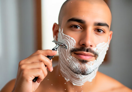 Young man shaving his beard with razor blade in the bathroom at homeの素材