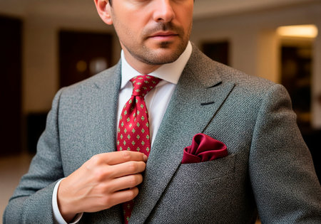 Close up of a man buttoning his jacket with a red tieの素材