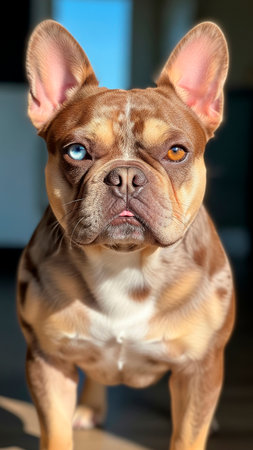 Portrait of a french bulldog looking at the camera with a serious expressionの素材