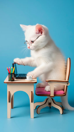 White kitten with eyeglasses and computer on a blue background.の素材