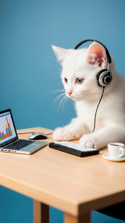 White kitten with headphones and laptop on the table. Blue background. doing home officeの素材