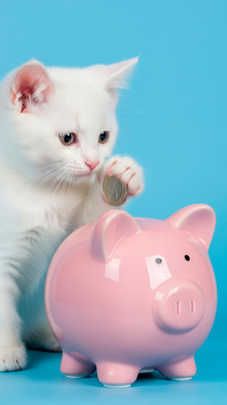 White kitten with pink piggy bank and coin on blue background.の素材