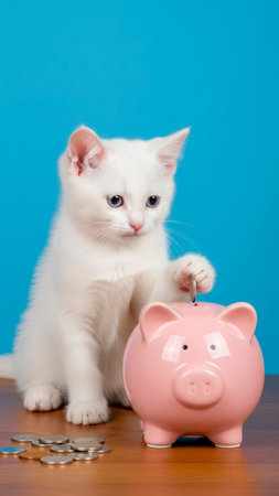 White kitten with pink piggy bank and coins on blue background.の素材