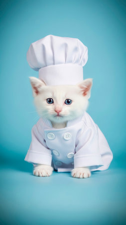 Cute little white kitten wearing chef's uniform on blue background.の素材