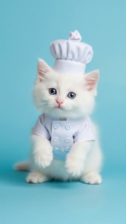 Cute little white kitten with chef's hat on blue background.の素材