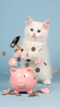 Cute white kitten with piggy bank and hammer on blue backgroundの素材