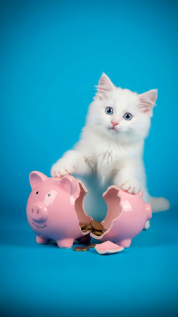 Cute white kitten with pink piggy bank on blue background.の素材