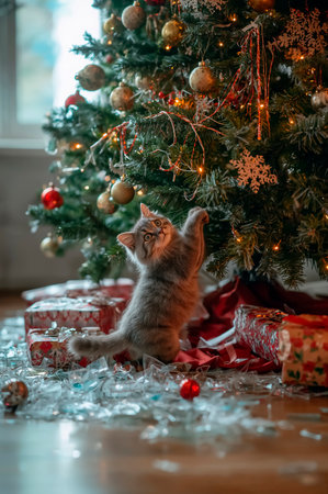 Merry Christmas and Happy Holidays! Cute little kitten playing under the Christmas tree.の素材