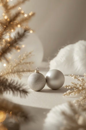 Christmas and New Year background. White Christmas balls on a white background with golden bokeh.の素材