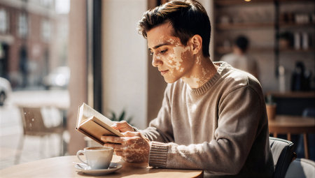 Handsome young man with vitiligo reading book and drinking coffee in cafeの素材
