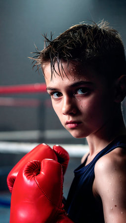 Portrait of a boy boxer in red boxing gloves. Boxer training.の素材