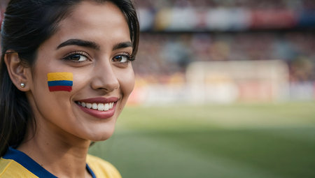 Portrait of happy woman with Colombia flag in her mouth at the stadiumの素材