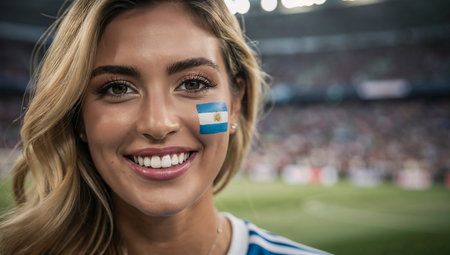 Portrait of smiling woman with swedish flag on mouth at stadiumの素材