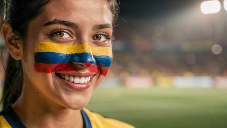 Young woman with Colombia flag painted on her face at a soccer stadiumの素材