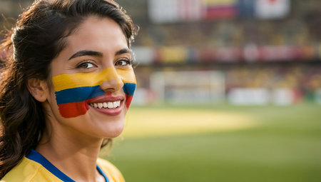 beautiful young woman with colombian flag on face looking at football stadiumの素材