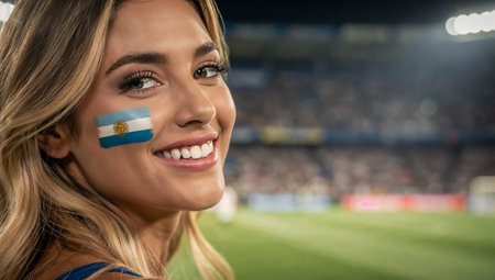 beautiful sportswoman with argentina flag painted on faceの素材