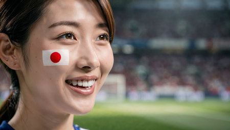 Woman with japan flag painted on her cheek against blurry football stadiumの素材
